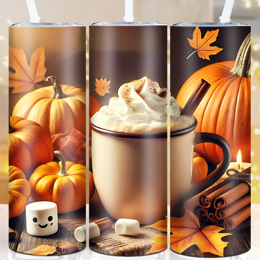 

3D Print Fall Pumpkin Holiday Party Tumblers Straw Lid 1Pc 20oz Stainless Insulated Coffee Cups Xmas Thanksgiving Party Gifts