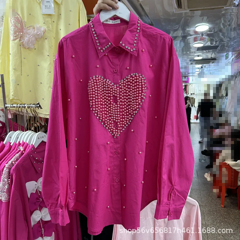 Heavy Love Beading Diamonds Female Blouses New Spring Autumn Loose Long Sleeve Cardigans Top Single-breasted Casual Women Shirts