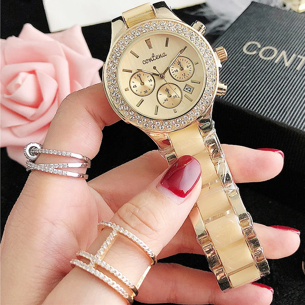 CONTENA Brand Women\'s Watch Top Luxury Crystal Rose Gold Watches for Women Quartz Wristwatch Bracelet Fashion Clock Montre Femme