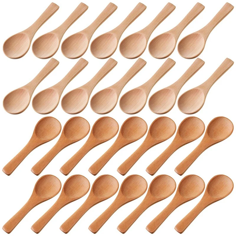 Small Wooden Spoons Mini Tasting Spoons Condiments Salt Spoons For Kitchen Cooking Seasoning Oil Coffee Tea Sugar 30Pcs