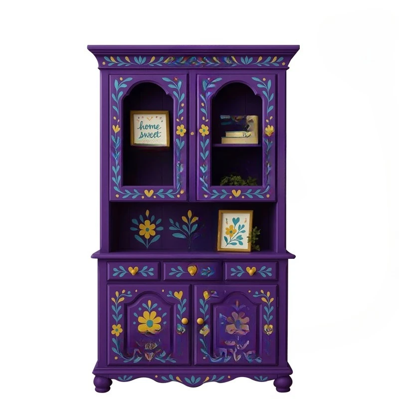 French Retro Purple Side Cabinet Medieval Style Study Bookcase Wabi Sabi Large Capacity Locker Display Cabinet