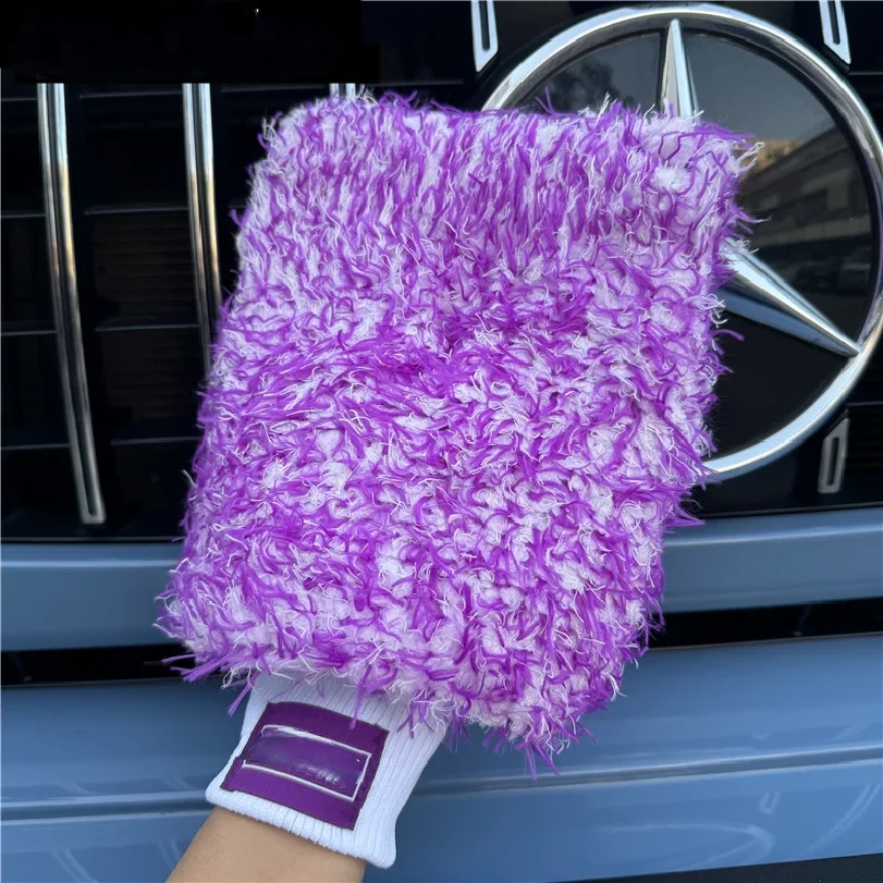 Lucullan Logo Premium Purple Microfiber Glove Super Absorbency Foam Stitch Inner Lining Car Wash Mitt