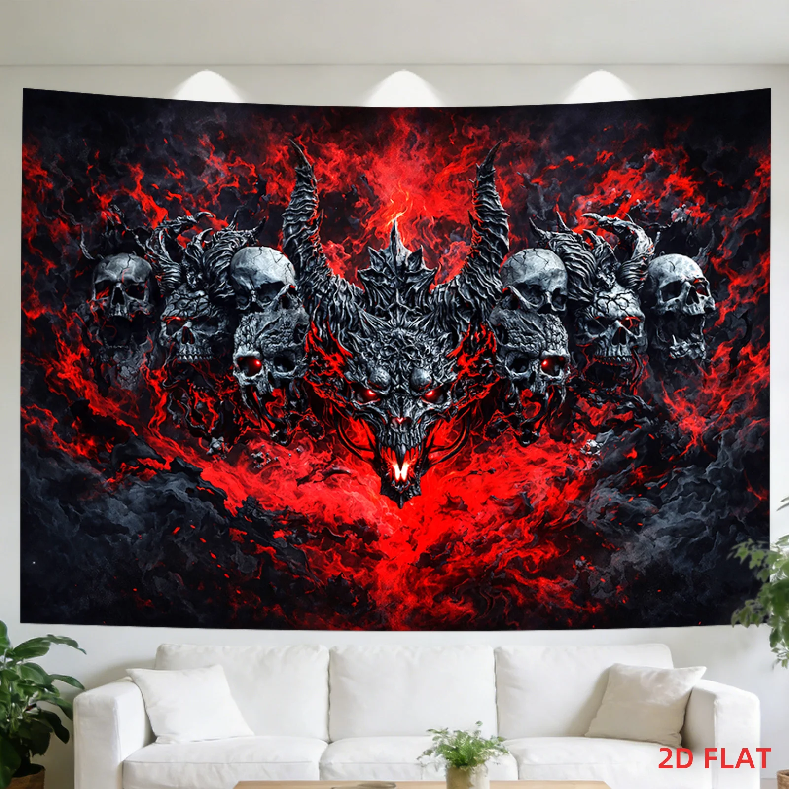 Demon Skull Tapestry, Red Fire Dragon Wall Hanging, Dark Fantasy Art Dorm Decor, Horror Gamer Bedroom Blanket