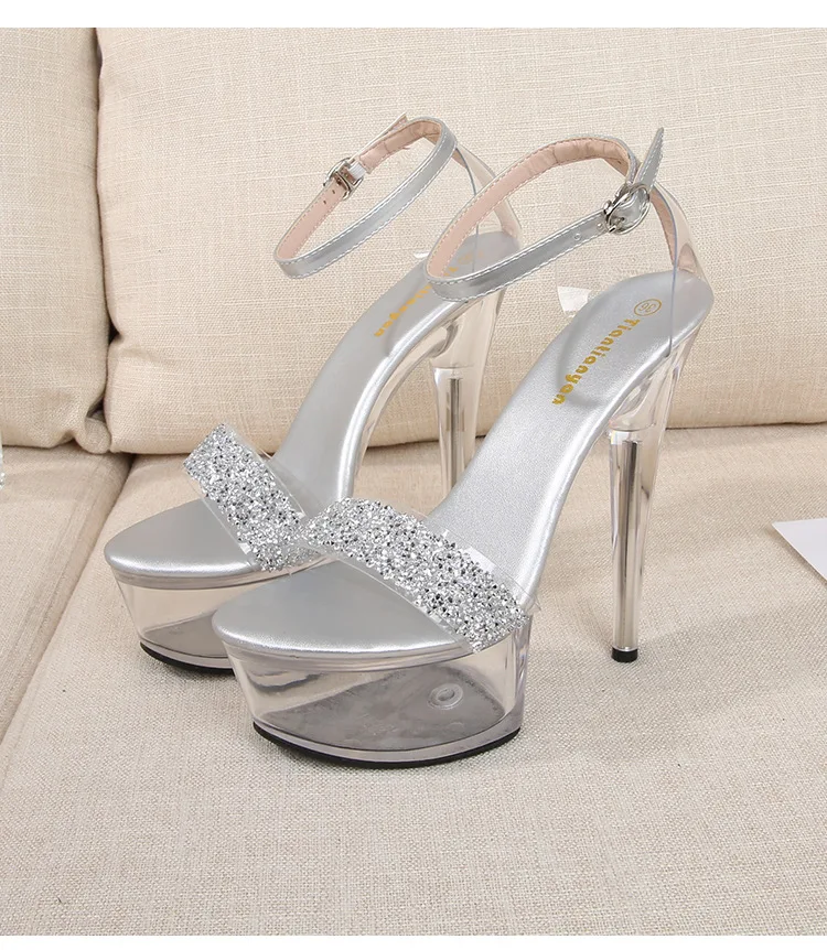 

New 15 cm Fine Heel Crystal Women's Sandals Summer High Heels Sexy Comfortable Ladies Wedding Shoes Catwalk Pole Dance