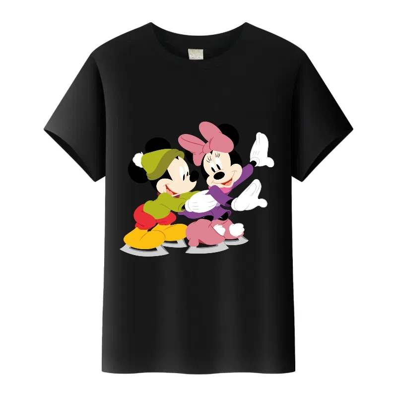 Koszulka sportowa dziecięca Koszulki rodzinne Męska bluzka Disney Kreskówka Myszka Miki Minnie Nadruk Ubrania Letni top Okrągły dekolt Czarna koszulka damska