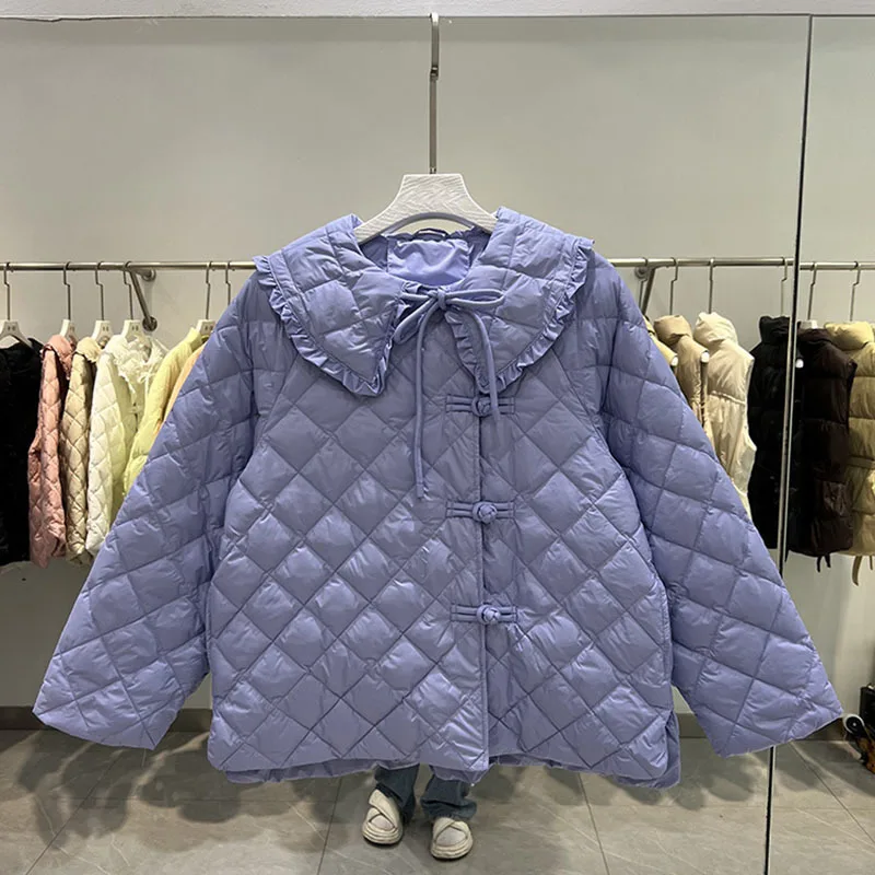 Korean New Women White duck Down Parkas 2022 Women Solid color Loose Ruffle Check Lapel Puffer Jacket