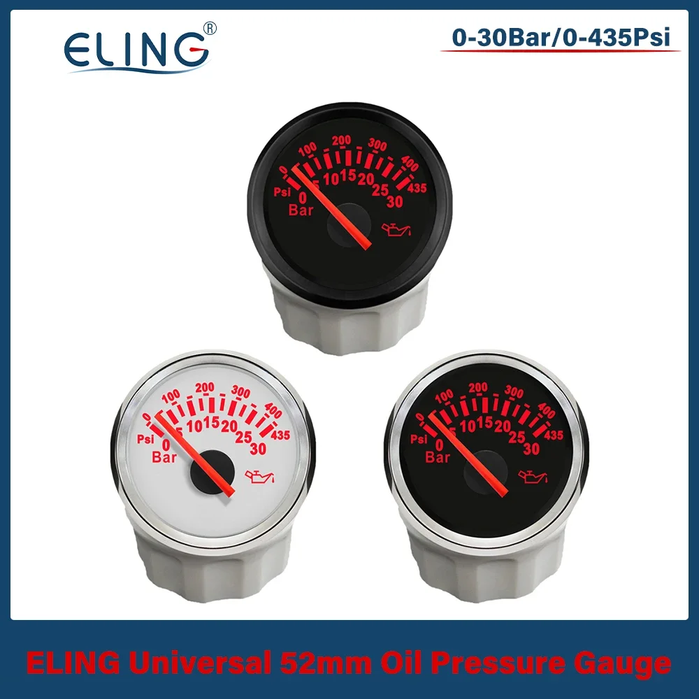 Newest Boat Car Yacht Universal 52mm Oil Pressure Gauge 0-30Bar 0-435Psi with Red Backlight 12V 24V