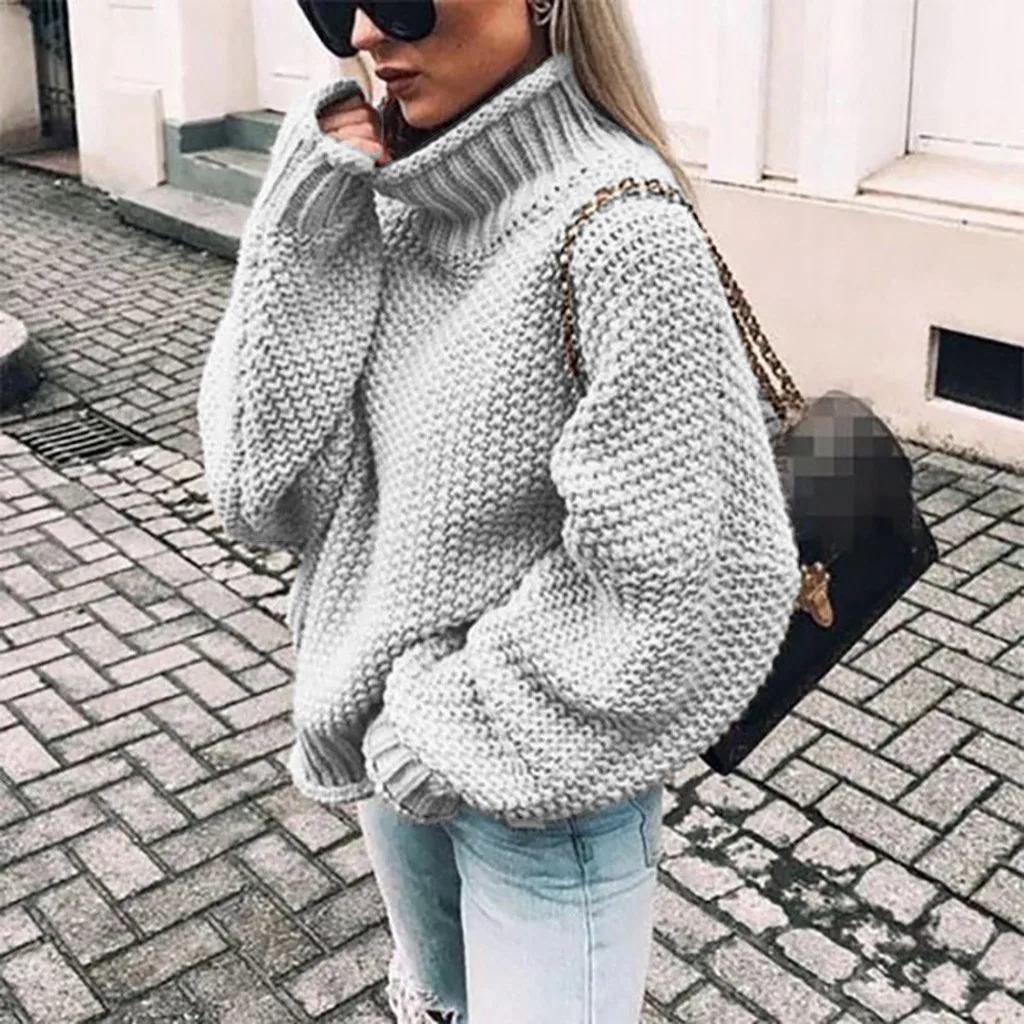 Autumn Winter Warm Knitted Sweater For Women Street Turtleneck Long Lantern Sleeves Knit Pullovers Tops Oversize Loose Sweater