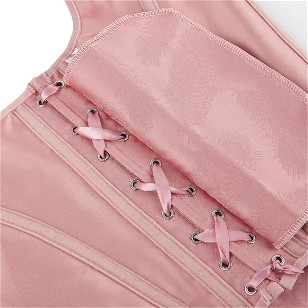 Pink Sexy Gothic Satin Feather Print Overbust Corsets Shoulder Straps Vest Lingerie Body Shaper Bustiers Crop Top