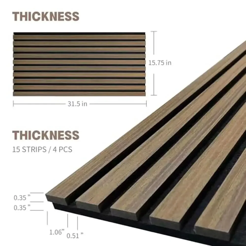 Panele akustyczne z listwami akustycznymi 3D z ciemnego orzecha, dźwiękoszczelne do ścian i sufitu, opakowanie 4, 31,5 x 15,75 cala. Pokrowce 13,78 mkw. ft. Easy