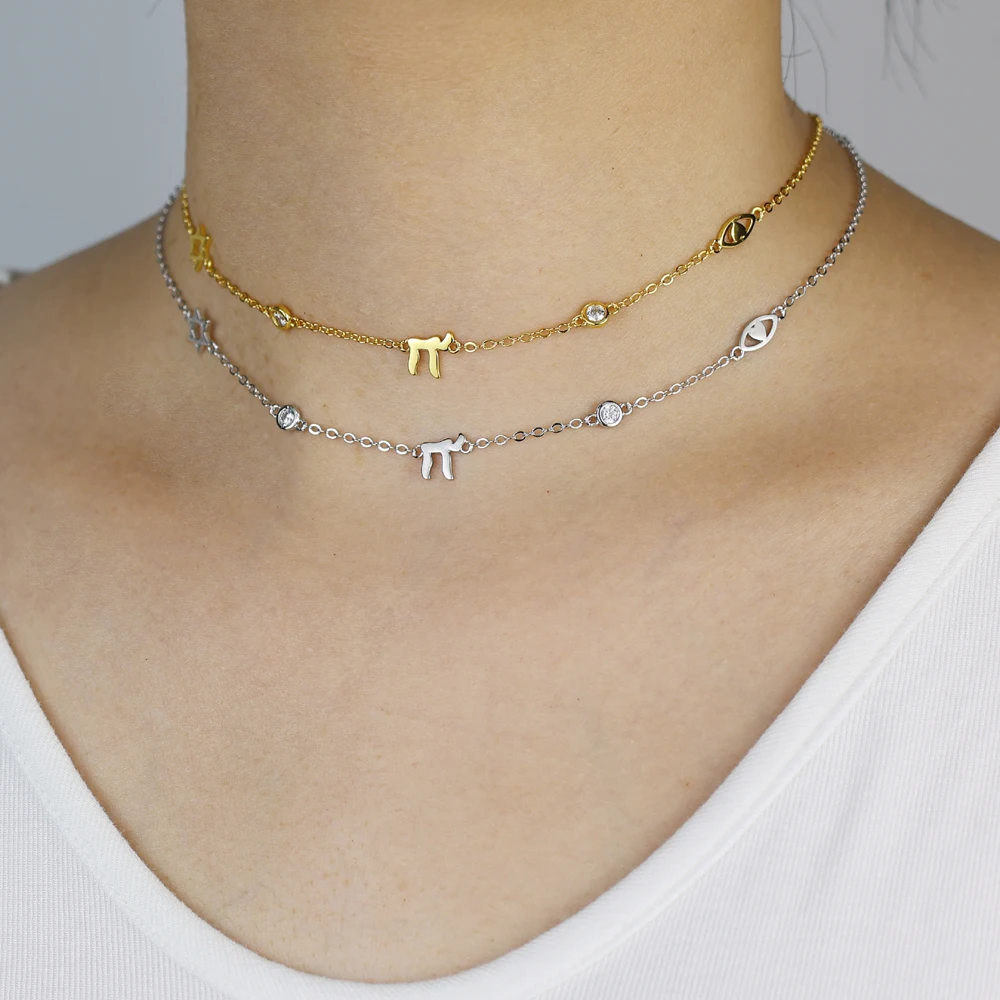 Eye Star Jewish Chai Symbol Charm Link Necklaces for Women Round Zircon Gold Silver Color Fashion Jewelry Party Amulet Gift