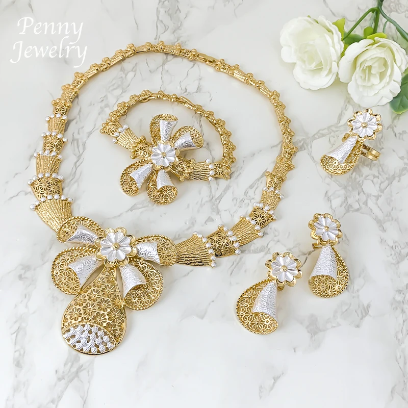 Collar con textura de lujo de gran tamaño, pendientes, pulsera, anillo, gargantilla, conjunto de joyería dorada de dos tonos, regalos para fiesta de boda nupcial