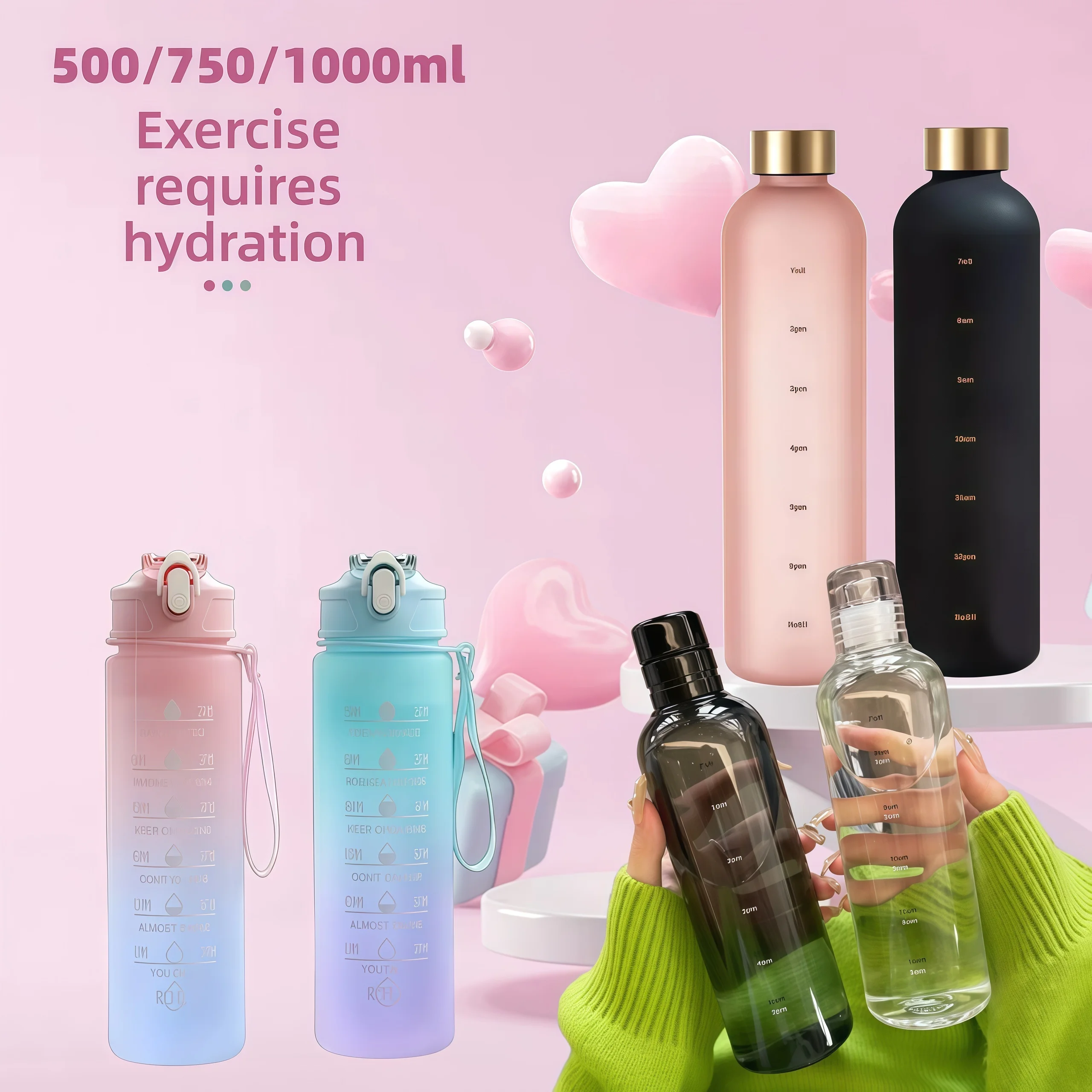 3-Arten-Wasserbecher, Sport-Wasserflasche mit Zeitskala, tragbarer Wasserbehälter aus Kunststoff für Paare, Anti-Drop-Wasserflasche für den Außenbereich