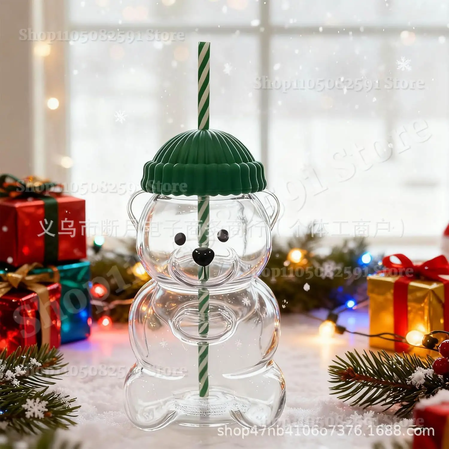 

500ml Glass Bear Cup-Star Bear Straw Cup Creative Honey Bear with Straw Clear Milk Coffee Glass Cup Mugs for Christmas Gift