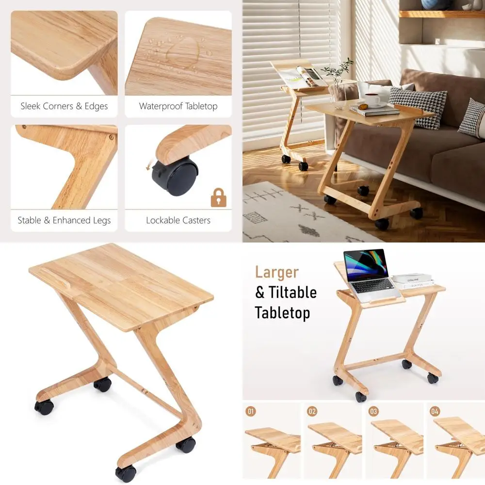 โต๊ะวางทีวีไม้เนื้อแข็งขนาดกะทัดรัดพร้อมล้อเลื่อนสำหรับรับประทานอาหารข้างโซฟา กาแฟ การอ่านหนังสือในห้องนั่งเล่นและห้องนอน