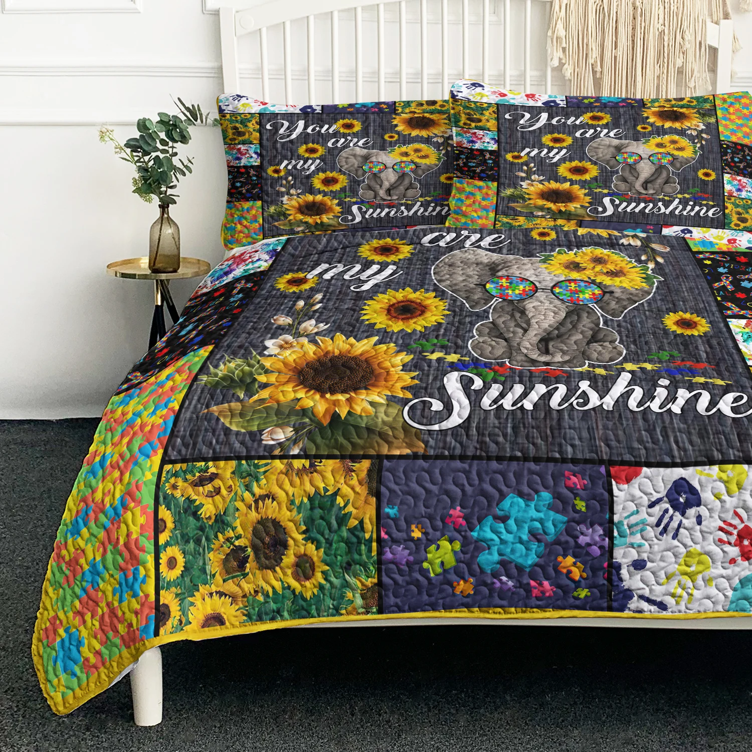 BlessLiving Sunflower Elephants Dwarf Quilt Set Jigsaw Game Guitar Quilt Pilowcases 3PCS Kid Adult Bedroom Decor Dropshipping