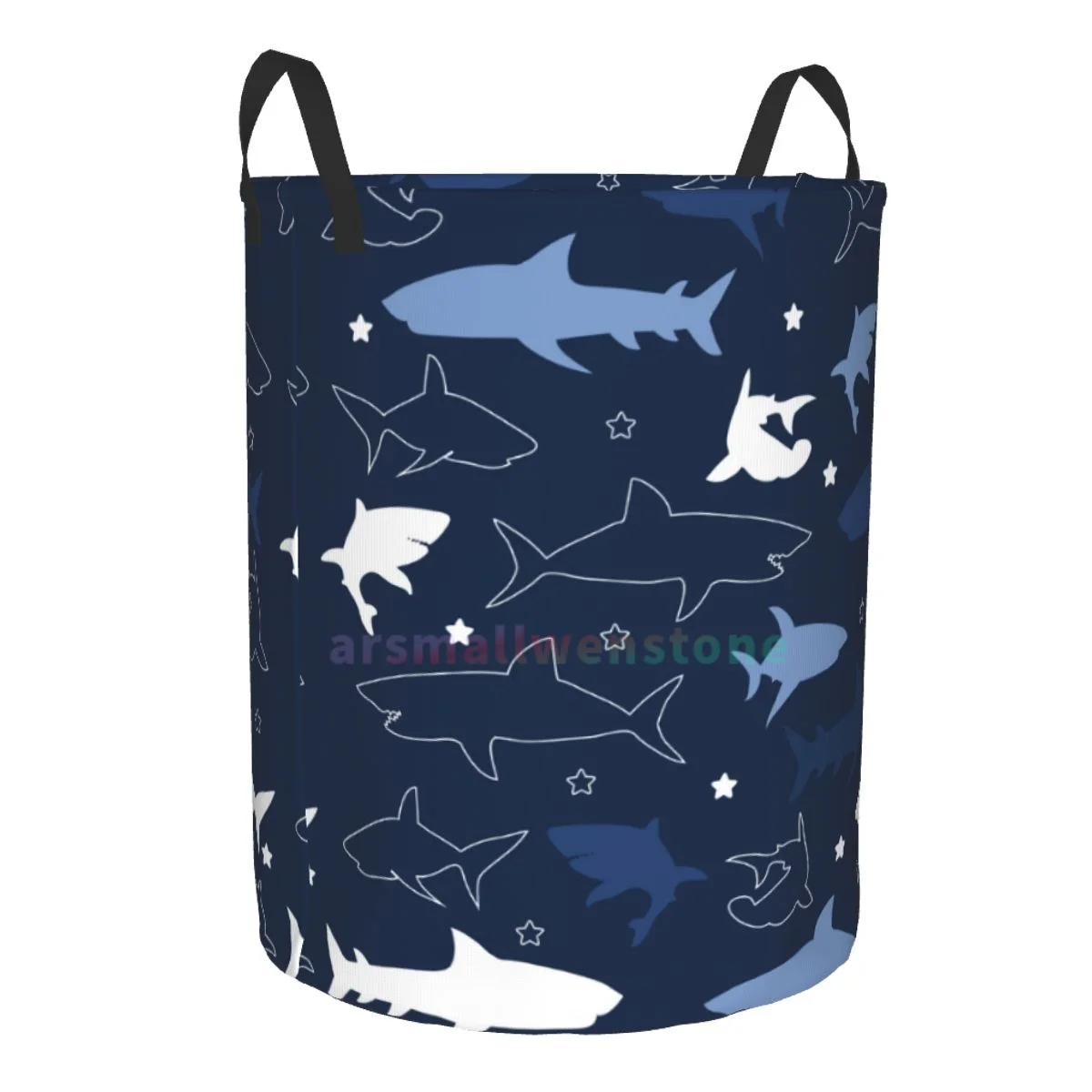 Cartoon Sharks Pattern Round Laundry Hamper Storage Basket Toys Clothes Organizer Bin for Home Bathroom Bedroom Dorm Nursery