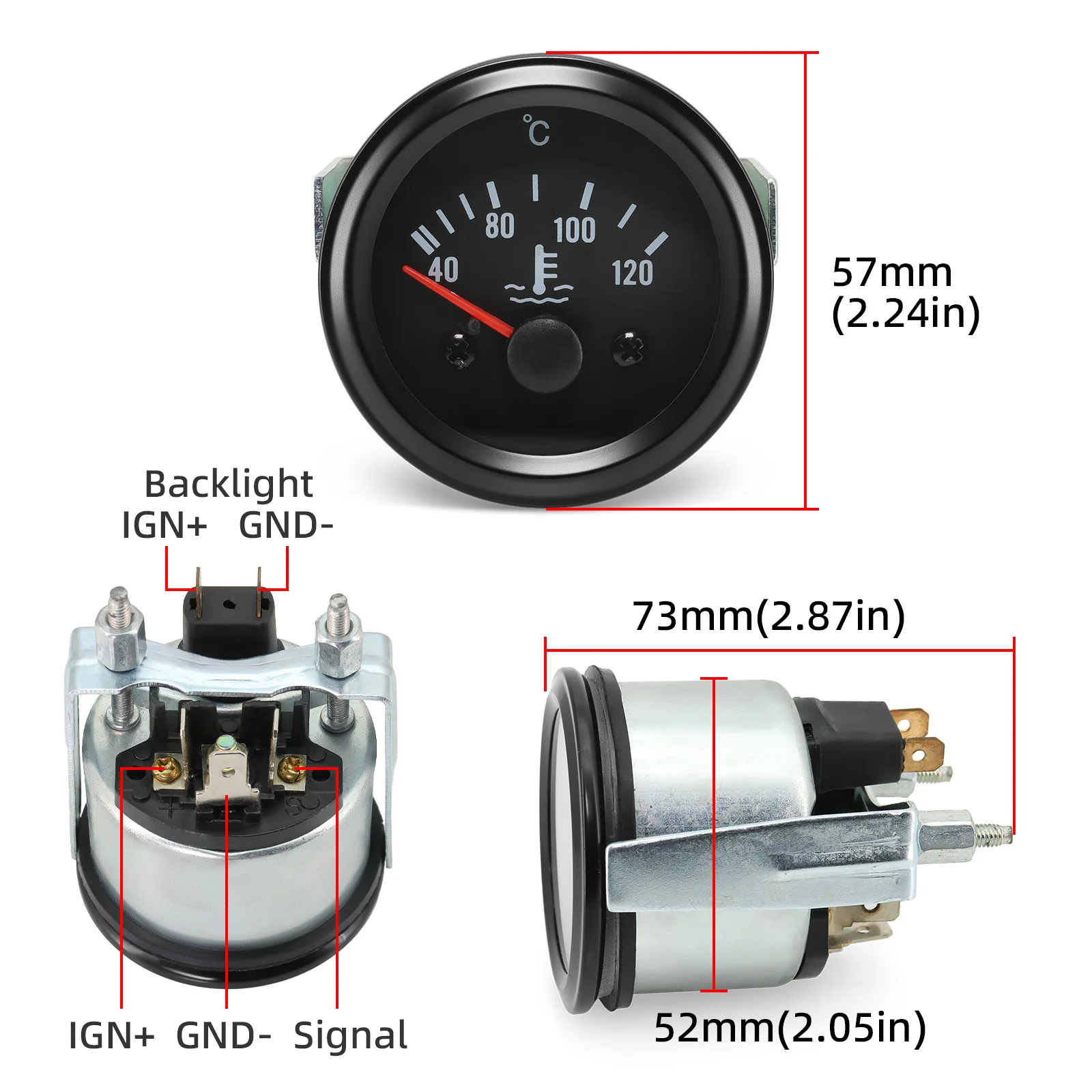 52mm Pointer Water Temperature Gauge 40‑120℃ Water Temp Meter Indicator Car Meter For Diesel Engine Vehicle DC24V
