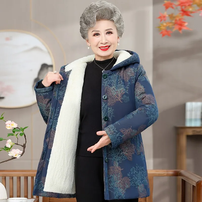 

Aged Grandmother 60-70-80 Years Cotton-Padded Coat Parkers Middle-Length Winter Clothes Women's Thickened Hooded Jacket