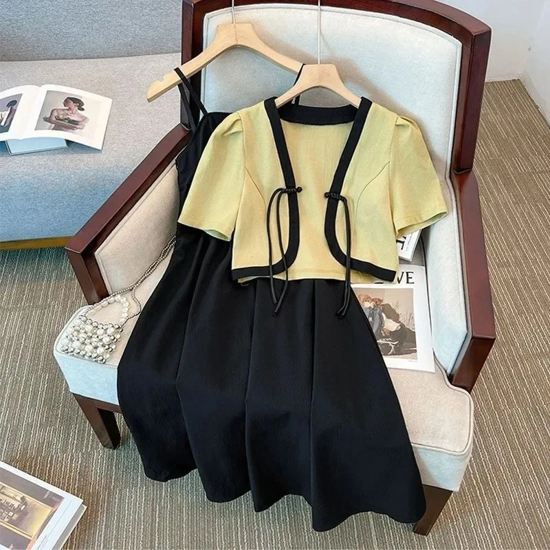 Women's dress 2024 summer new fashion temperament slim cardigan western style suspender dress women's two-piece suit