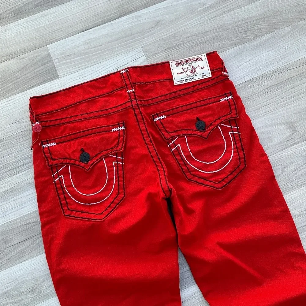 Jeans vermelhos bordados pela fé verdadeira, calças jeans casuais soltas, calças largas de casal, roupas Y2K, estilo gótico de rua vintage