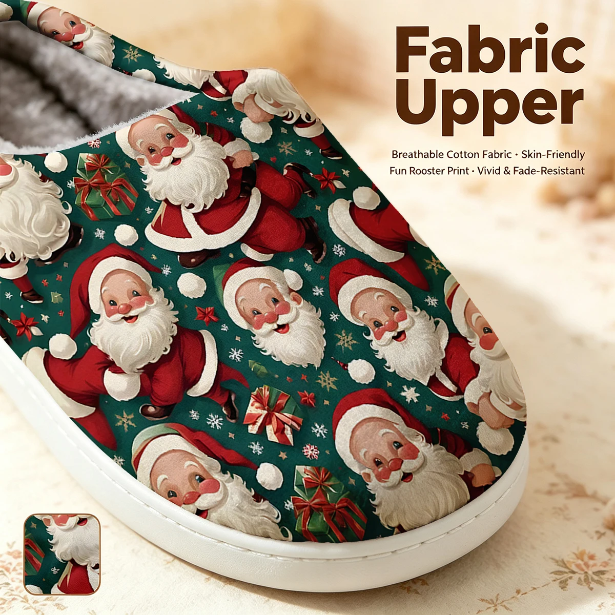 Vintage Santa Seamless Christmas White Slippers Warm Plush Indoor Shoes Non-Slip Winter Slippers Family Holiday Gifts Soft view 2