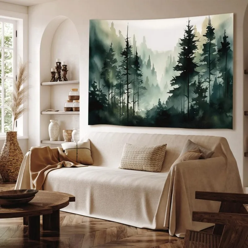 VIKAMA Watercolor Mist Pine Forest Tapestry Natural Landscape Wall Hanging Room Decoration Home Decoration
