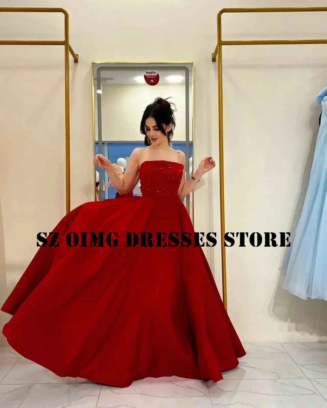 

OIMG New Design Red Prom Dresses Arabic Ruched Women Sleeveless A-Line Satin Simple Beading Evening Gowns Formal Party Dress