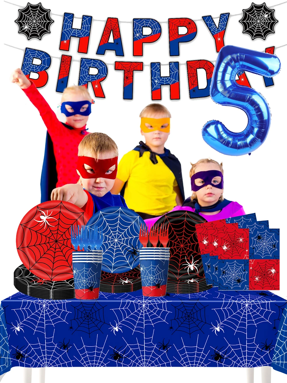 Spinnenpartyzubehör, rotes und blaues Spinnennetz, Geburtstagsbanner, Pappteller, Servietten, Tischdecke für Partydekorationen mit Spinnenmotiv – Detail 1
