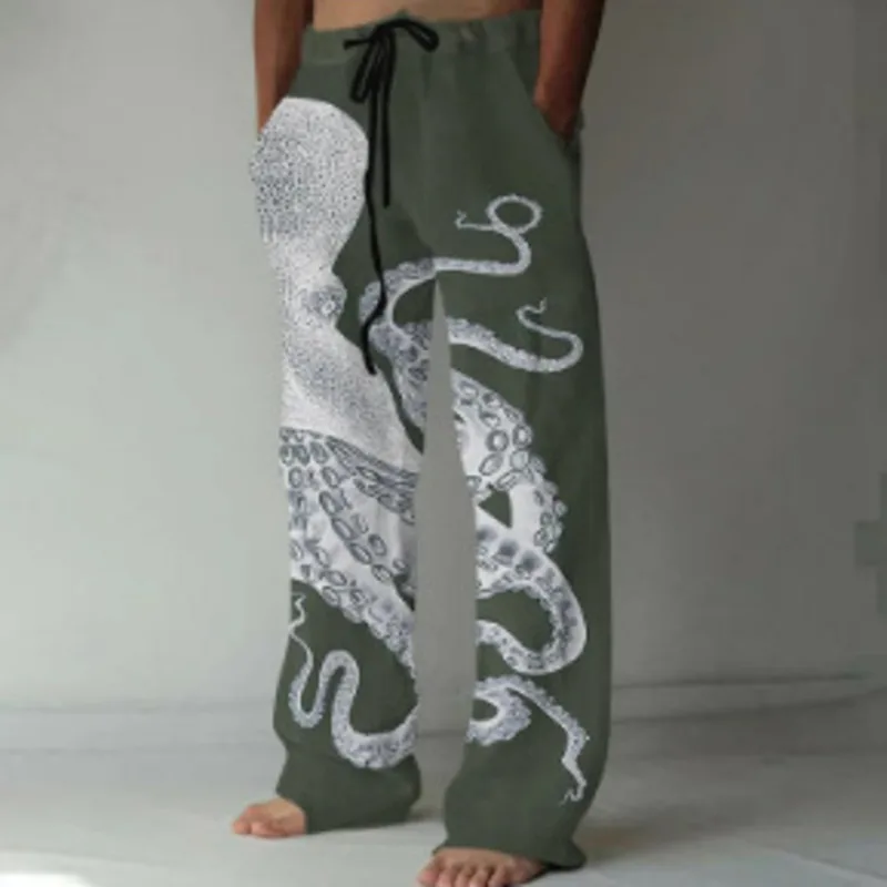 Pantalones de pierna ancha con estampado de pulpo en 3D para hombres, pantalones sueltos de cintura alta de tubo recto, pantalones mezclados de cáñamo casuales europeos y americanos