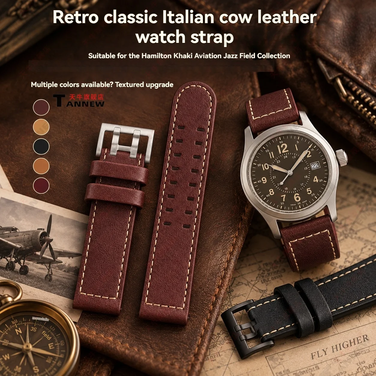 Italian Genuine Cowhide Leather Replacement Watch Strap for Hamilton Khaki Aviation Jazzmaster Field Series Vintage Classic Band