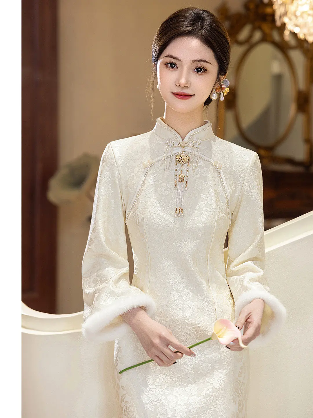 

White Lace Engagement Par Dr Winter Wedding Guest Suit Long Sve New Chinese Sle High End Feeling Mid-Leng...