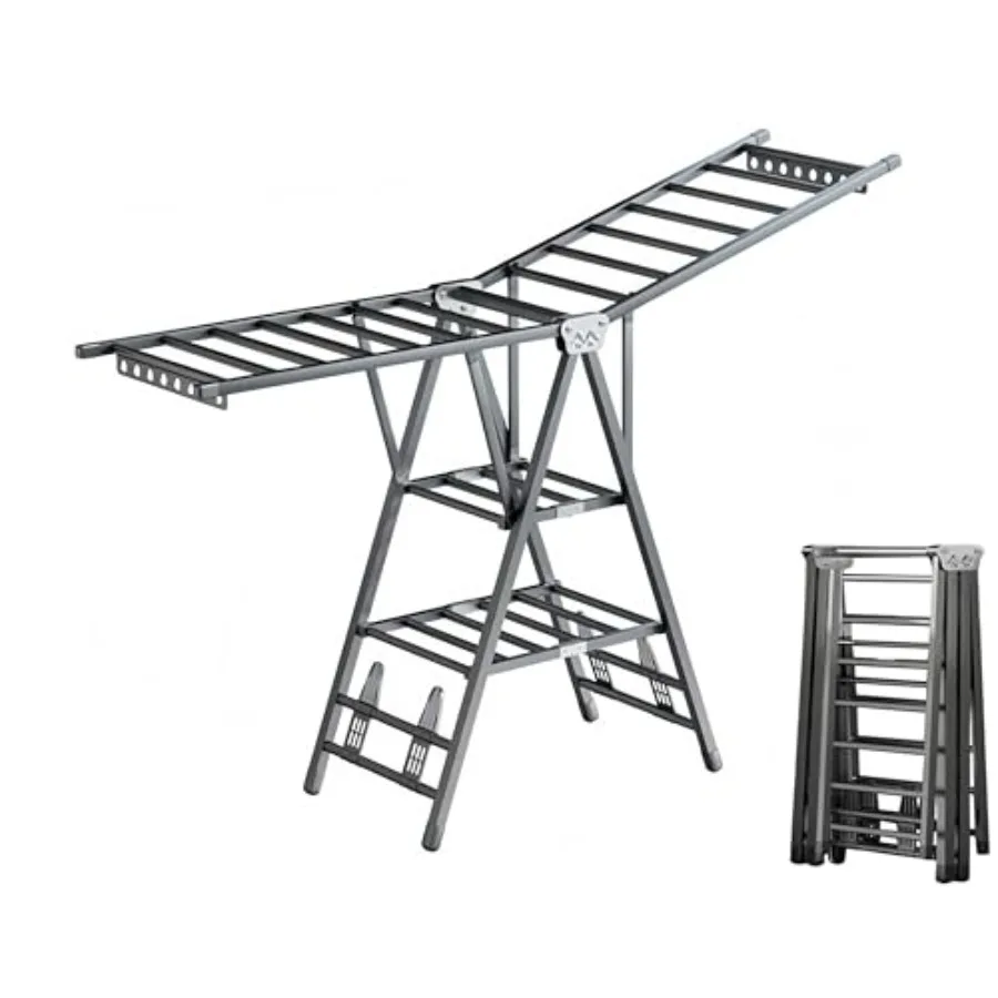 

71 Foldable Clothes Drying Rack with Wheels Heavy-Duty Metal Airer Extra-Thick Free-Standing Design for Indoor Outdoor Use Gray