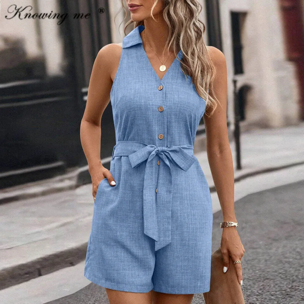 

Women Summer Short Rompers Overalls Elegant 2024 sexy Sleeveless Tie Knot belt Jumpsuits Female fashion playsuit with Pockets