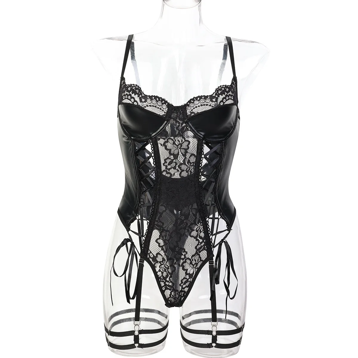 

Женское черное сексуальное бандажное белье Babydoll, регулируемое полое кожаное нижнее белье, эротические костюмы, цельные боди для порно, одежда