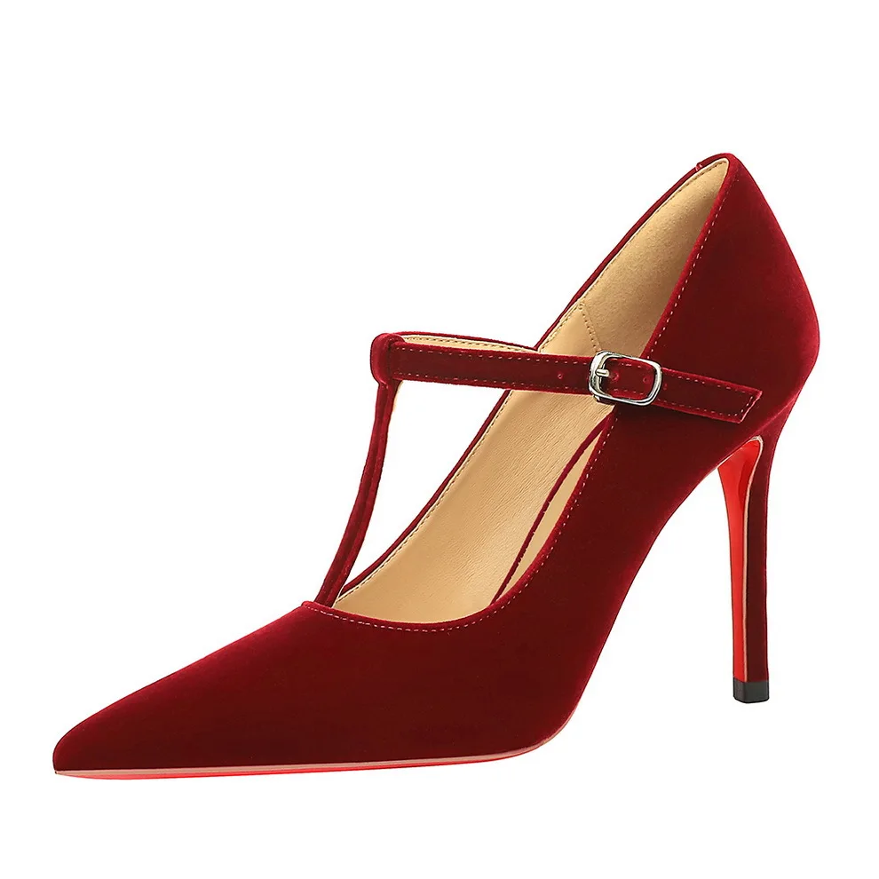Sepatu Hak Tinggi Wanita Model Pointed Toe, Stiletto Seksi Sol Merah Bahan Suede T-Strap, Model Shallow Mouth Elegan