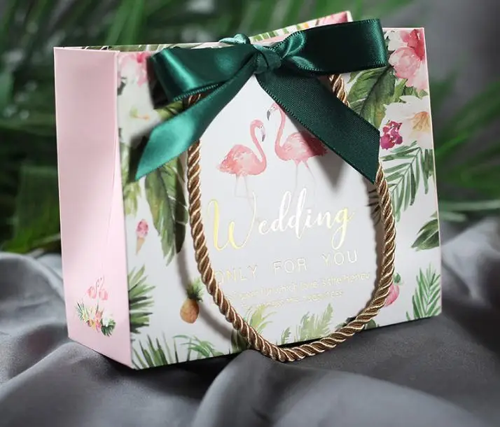 Flamingo Kraft Paper Bag with Handle and Ribbon Paper Gift Bags for Wedding Party Favors Small Bags Present Candy Cake Wholesale