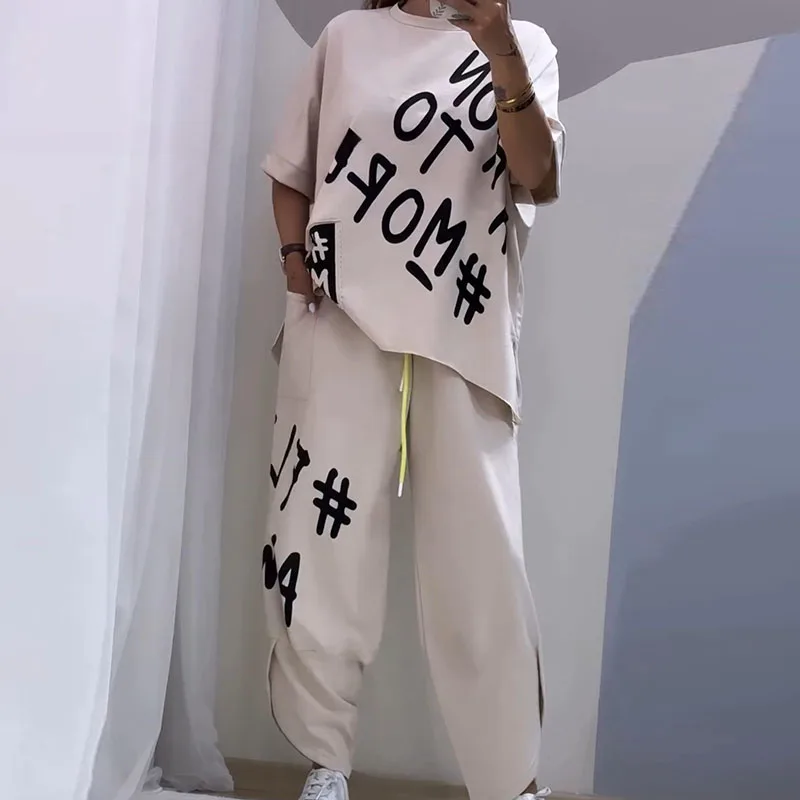 

Women Casual O-Neck Short Sleeve Shirt Tops with Long Pants Set Ladies Pockets Suit Fashion Sports Letter Printed 2Pcs Tracksuit