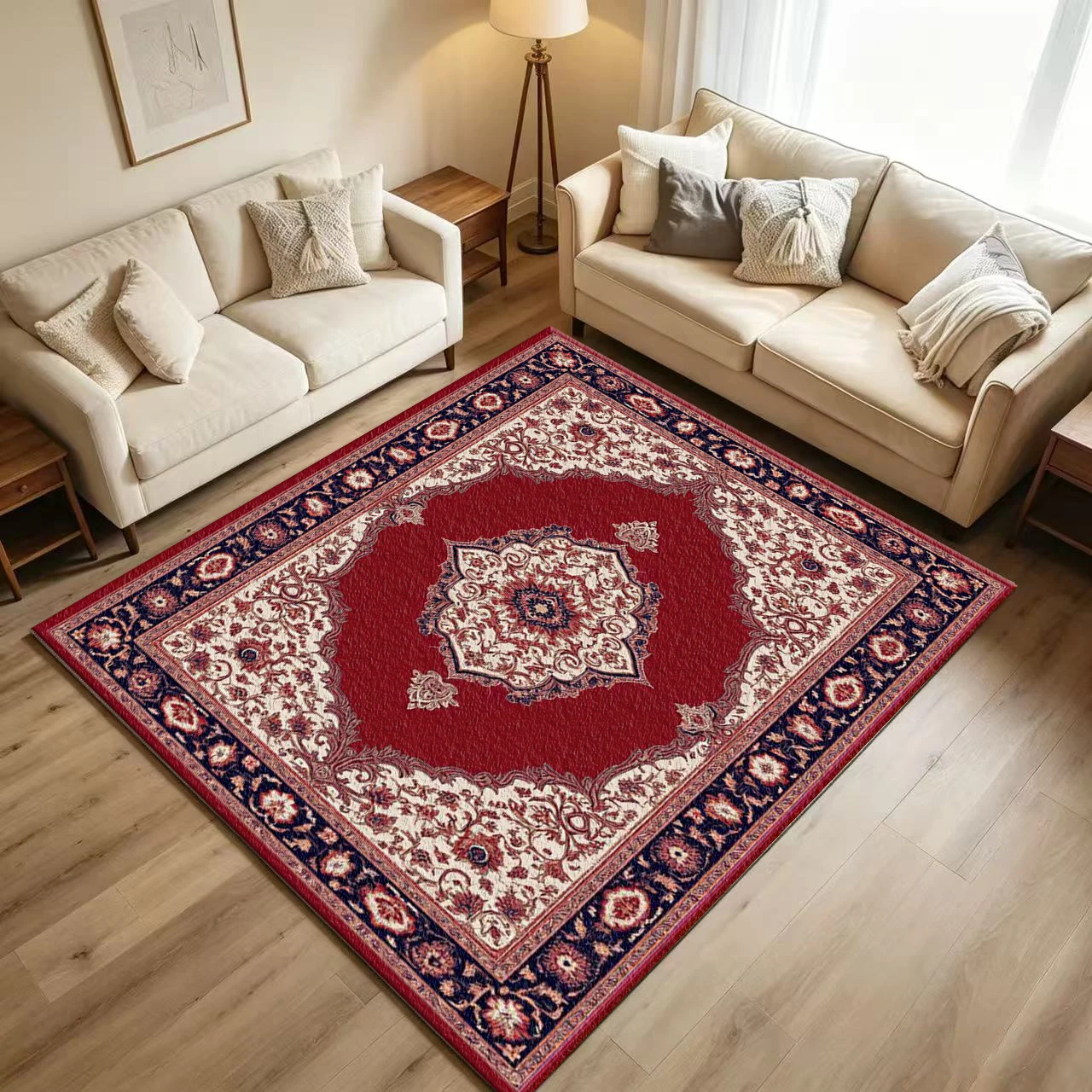 Classic Oriental Medallion Carpet Flooring Vintage Red Floral Border Ornate Center Motif Printed Floor Rug for Household Indoor Traditional Home Decoration