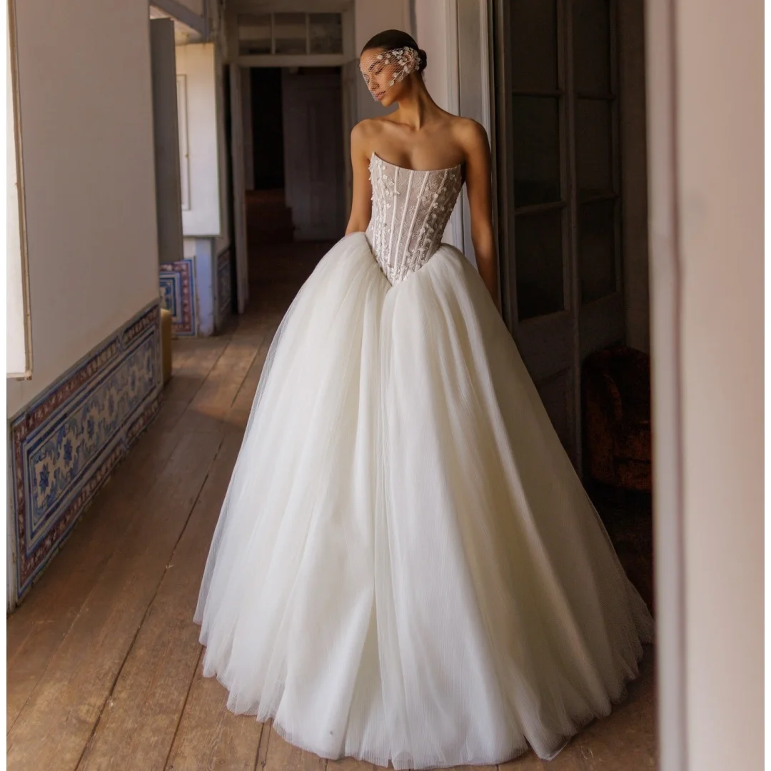 Elegant Wedding Dresses Illusion Lace Bustier Corset Bridal Gowns Plus Size Tulle Strapless Wedding robe de mariée Customized