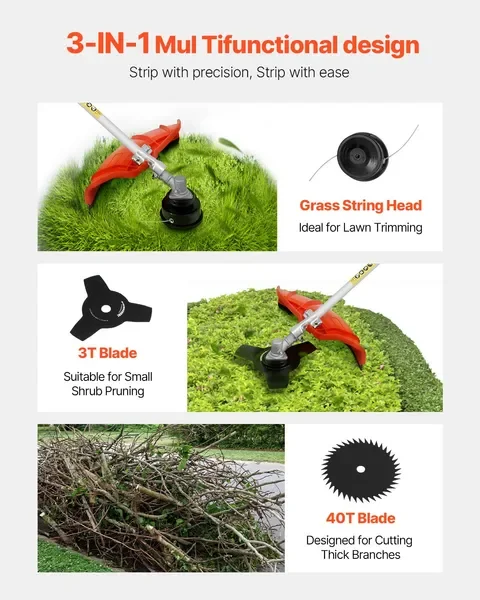 51.7ccガソリン式草刈り機、16.9フィート多機能除草機（ショルダーストラップ＆3Tブレード付き）