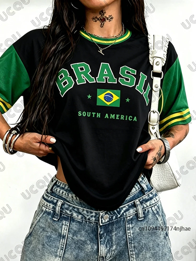 Sommerliches neues T-Shirt mit Brasilien-Print für Damen, Patchwork, O-Ausschnitt, Kurzarm, Sport-T-Shirt, Fußballtrikot, Y2K, locker geschnittenes Oversize-Oberteil – Detail 7