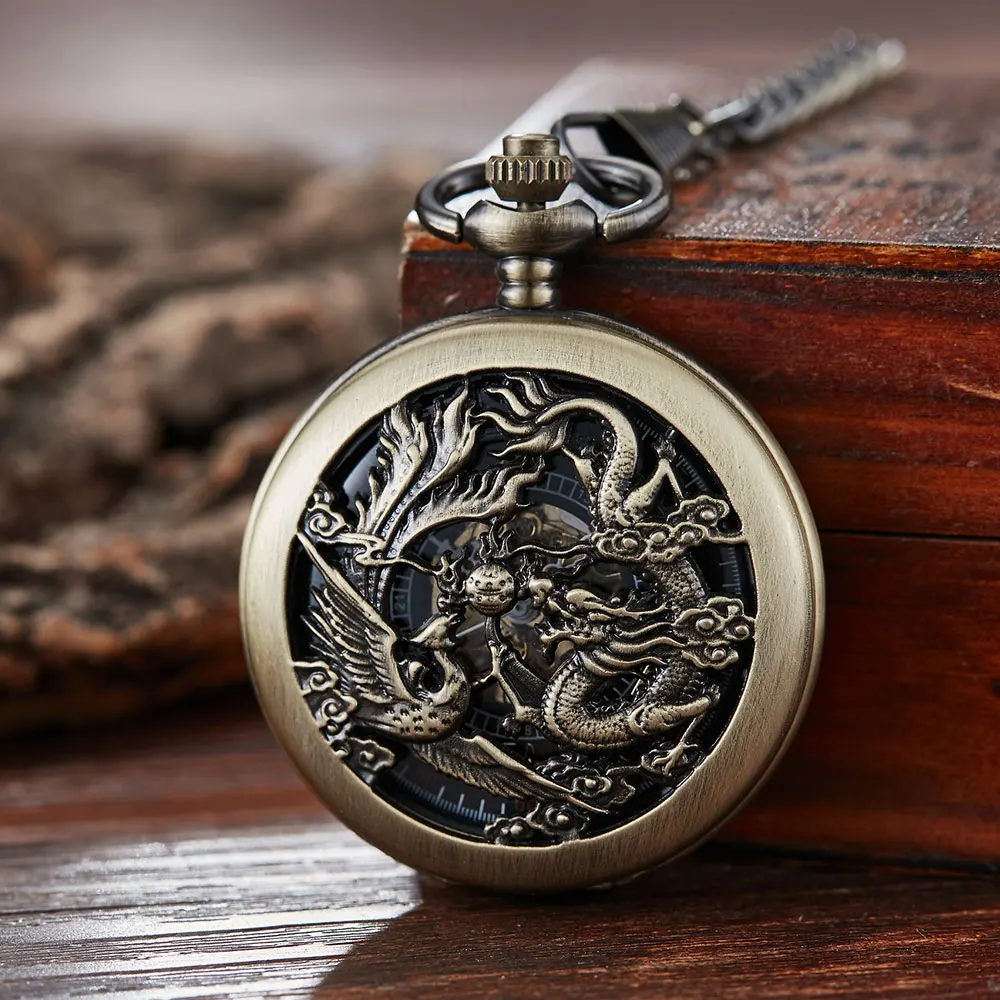 Vintage Black  Mechanical Pocket Watches Mens Lucky Phoenix and Dragon Skeleton Pocket Watch Antique Roman Numerals