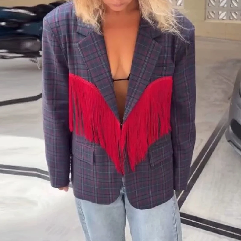 Fashion Street Women's Outerwear Red Tassel Design Patchwork Loose Blazer Coat Autumn Winter Lapel Long Sleeved Office Jackets