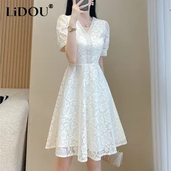 Summer V-neck Elegant Fashion Beading Waist A-line Lace Dress Women Temperament Short Sleeve Vintage Casual Robe White Vestidos