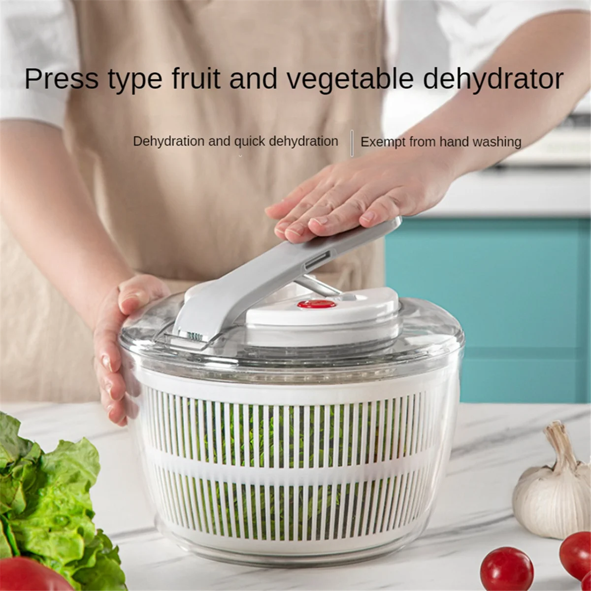 Salad Spinner Manual Lettuce Spinner for Vegetable Prepping, 1-Handed Pump Fruit Spinner Dryer Fruit Washer-White-T33C