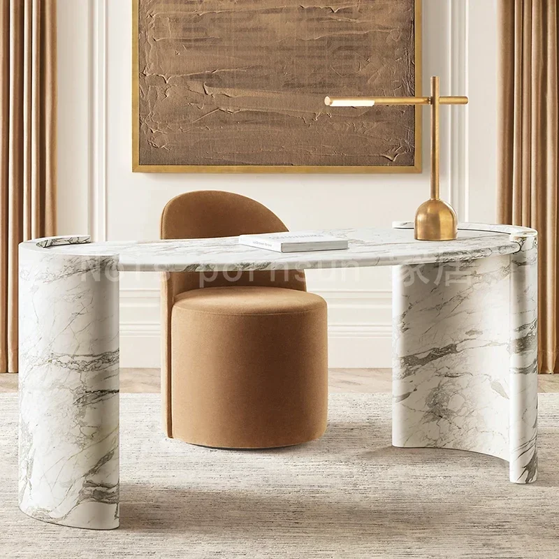 A Light luxury study desk, Italian minimalist large white marble home desk writing desk