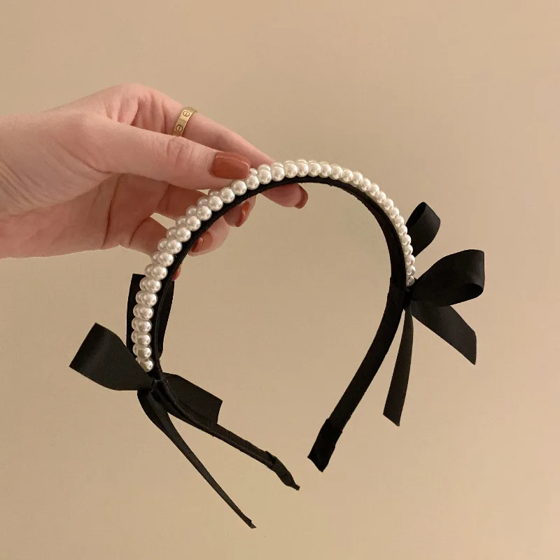 Pearl Hair Band for Women Sweet Black Bow Headband Hair Hoops Holder Ornament Head Band Lady Elegant Fashion Hair Accessories