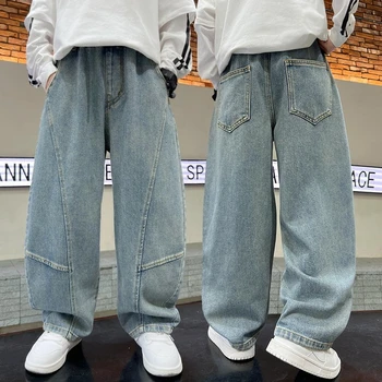 4-12Years Boys Jeans New Wide Straight Leg Denim Pant Children Spring Autumn Big Kids Handsome Cotton Sports Pants 3