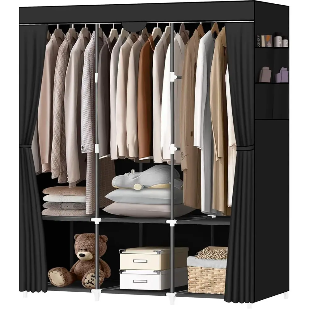 Portable Closet with 3 Hanging Rods, 6 Shelves, 4 Side Pockets - Easy Assembly, Strong & Stable Black Wardrobe Closet